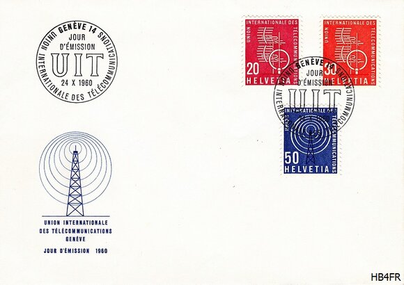 Enveloppe avec timbres suisse UIT timbrés au jour d'émission 24 octobre 1960